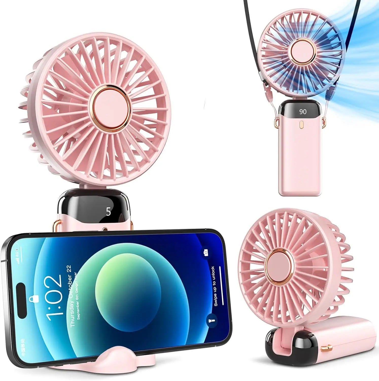 Mini ventilateur de cou pliable Adanis'Air, 3000 mAh, écran LED et 5 vitesses